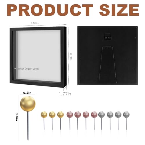 8x8 Shadow Box Frame with Linen Backing and Pins - Black Display Case