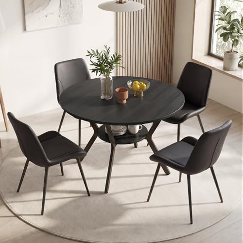 5-Piece Round Dining Table Set for 4 with Storage Shelf and Upholstered Chairs