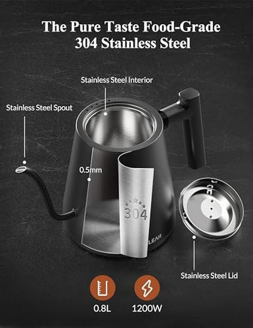 KLEAH Gooseneck Electric Kettle with Temperature Control - 0.8L Automatic Shut Off Tea & Coffee Kettle, Hot Water Boiler Pour Over Coffee Kettle, 1200W Quick Heating Keep Warm, Black