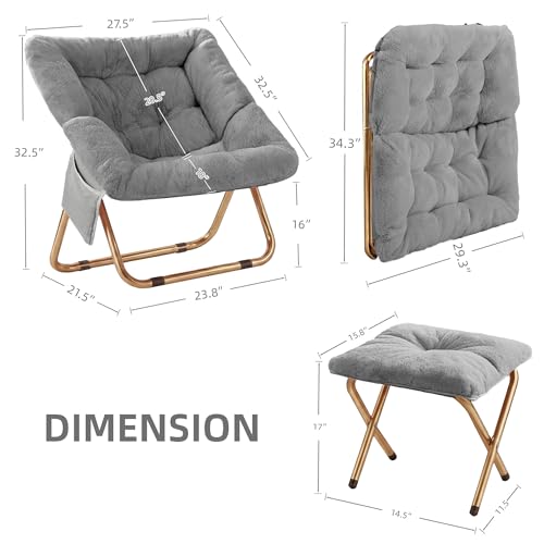Foldable Faux Fur Saucer Chair, Oversized Plush Lounge Chair for Bedroom