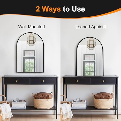24x36 Arched Wall Mirror, Black Brushed Metal Frame Vanity Mirror