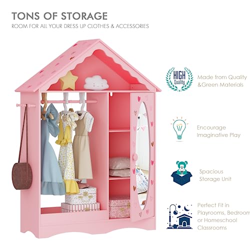 Kids Dollhouse Dress Up Wardrobe with Mirror and Storage Closet