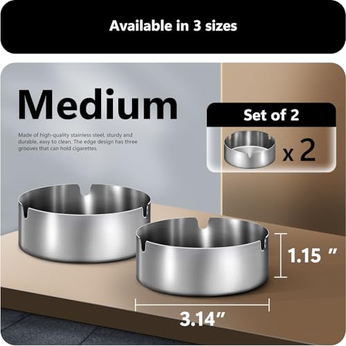 Stainless Steel Ashtray Set, 2-Pack Outdoor Indoor Smoking Tray with 3 Holders