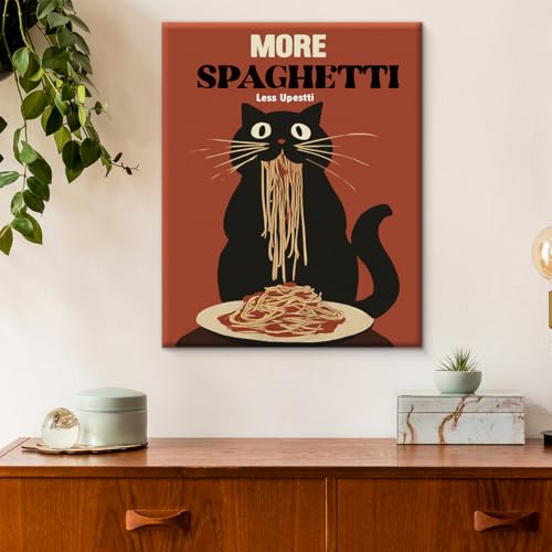Funny Cat Spaghetti Wall Art Print - Humorous Cat Canvas Poster, Framed, 8x10 Inch, Color-J