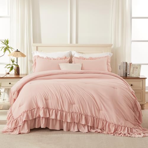 Blush Ruffle Queen Comforter Set - 3 Pieces, Soft Polyester Bedding