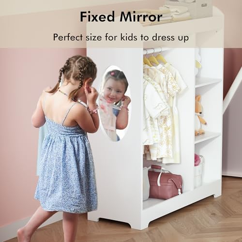 Kids Dress Up Storage Rack with Mirror, Hanging Rod, and Shelves - White