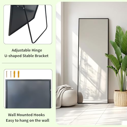 Full Length Floor Mirror 56x16 Inch, Matte Black Aluminum Metal Frame