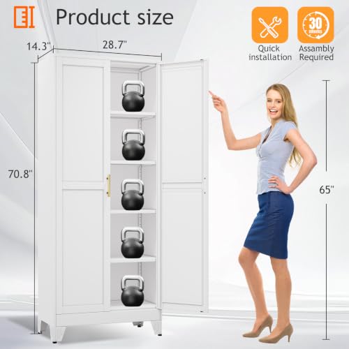 71" Tall White Metal Pantry Cabinet with Doors & 4 Adjustable Shelves