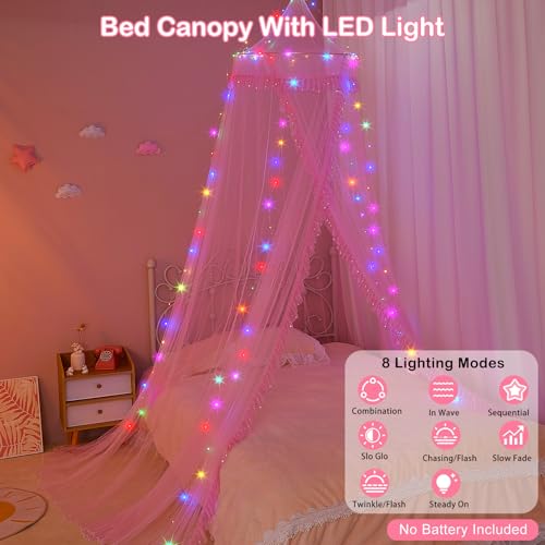Pink Bed Canopy for Girls Room Decor with LED Lights & Remote Timer