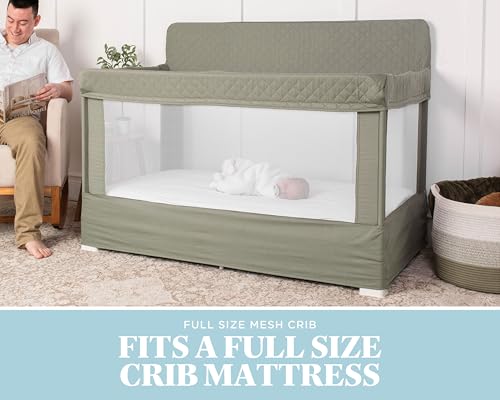 Organic Full Size Baby Crib & Playard with Breathable Mesh Walls - Sage