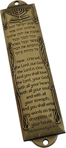 Brass Mezuzah Case with Shema Inscription and Replica Scroll