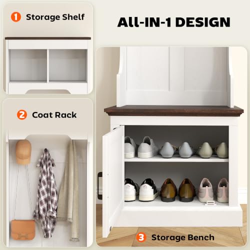HOMCOM White Wood Grain Hall Tree with Shoe Storage, Coat Rack & Bench, 23.1 x 15.7 x 70.9 inches