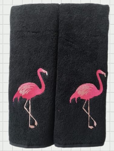 2-Pack Flamingo Embroidered Fingertip Towels, 100% Turkish Cotton, 11x18"