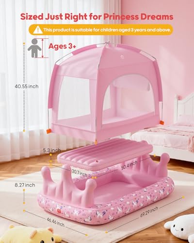 Kids Air Mattress with Tent & Electric Pump - Portable Blow-Up Bed, Pink