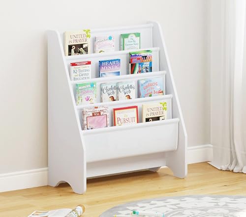 4-Tier Kids Bookshelf with Cotton Slings - Front-Facing Toddler Book Rack