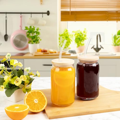 16 oz Glass Cups with Bamboo Lids and Straws - Set of 2 Reusable Tumblers
