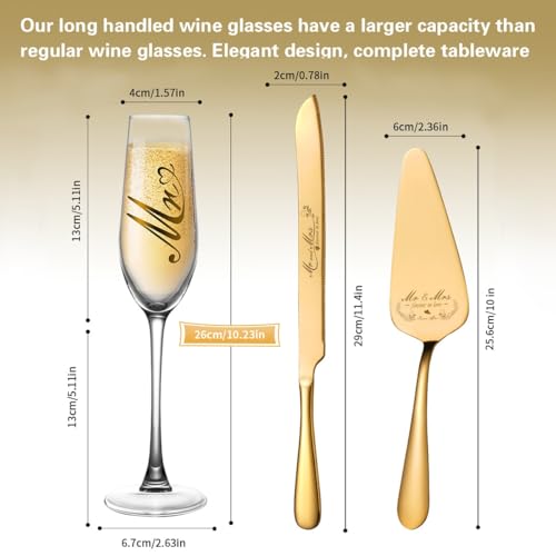 Mr and Mrs Champagne Flutes & Wedding Cake Knife Set (Gold, 4 Pieces) - Bltnever