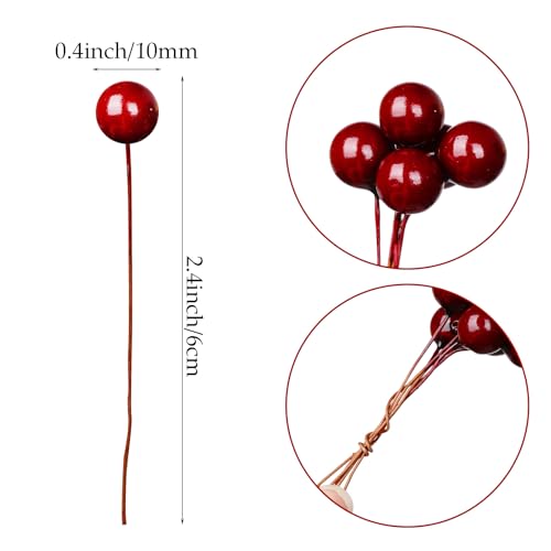 200pcs Artificial Holly Berries - Mini Christmas Fake Berries with Wire Stems for Wreaths & Decor (Wine Red)