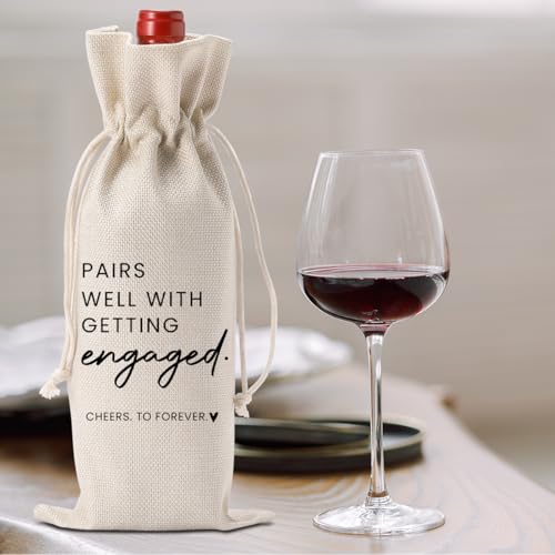 Engagement Wine Bottle Bag - Burlap Drawstring Gift Bag for Couples