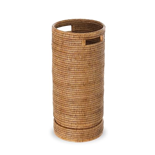 Handwoven Rattan Umbrella Stand with Drip Tray, 21-Inch Tall Entryway Holder