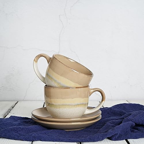 Bosmarlin Brown Ceramic Cappuccino Cup & Saucer Set of 2, 10 Oz Coffee Mugs