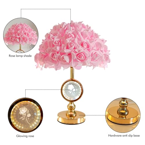 Pink Rose Flower Lamp with Crystal Ball - Modern Bedside Table Light for Girl Bedroom Decor