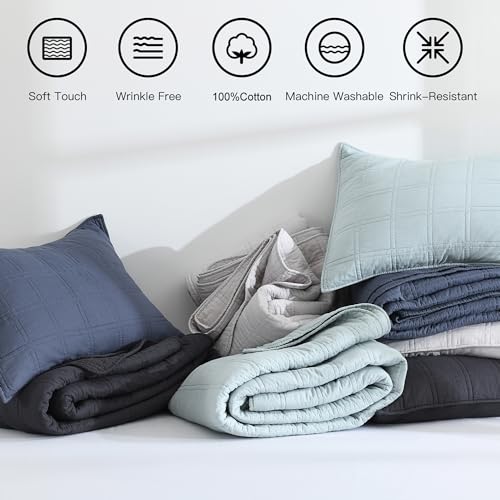 100% Cotton Quilt Set Twin Size - Pre-Washed Denim Blue Bedspread with Sham