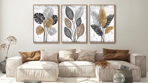 Rustic Botanical Canvas Wall Art, 3-Piece Leaf Print Set with Wood Frame