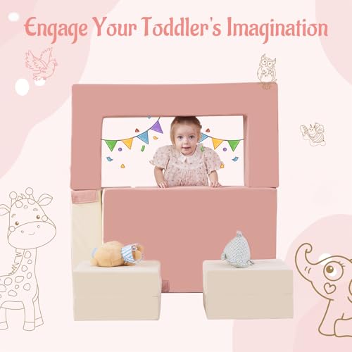 Modular Kids Foam Climbing Blocks and Soft Play Sofa Set, Beige & Pink