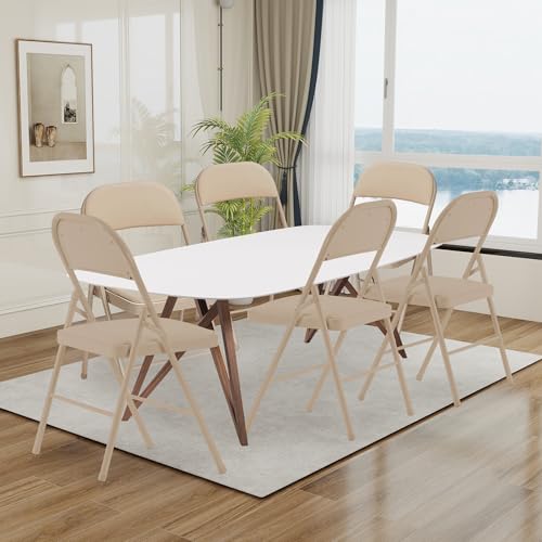 Heavy Duty Folding Chairs 6-Pack, Padded Khaki Steel Frame for Indoor Outdoor