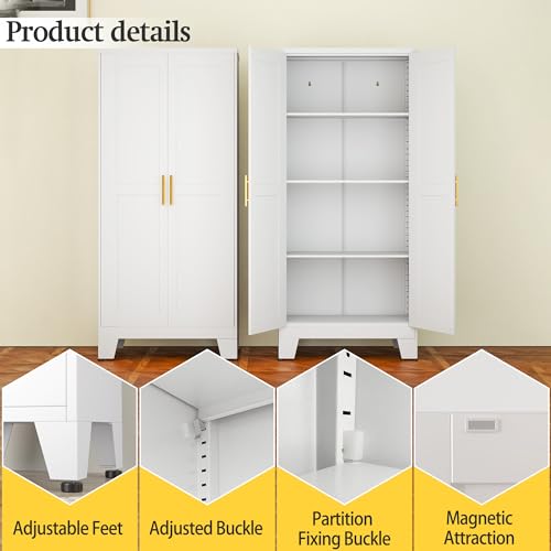 61-inch Metal Storage Cabinet with 3 Adjustable Shelves, White Steel Pantry