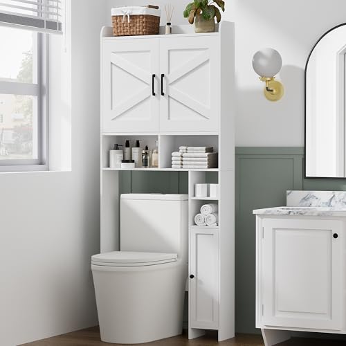 Farmhouse Over The Toilet Storage Cabinet with Barn Door and Side Shelf