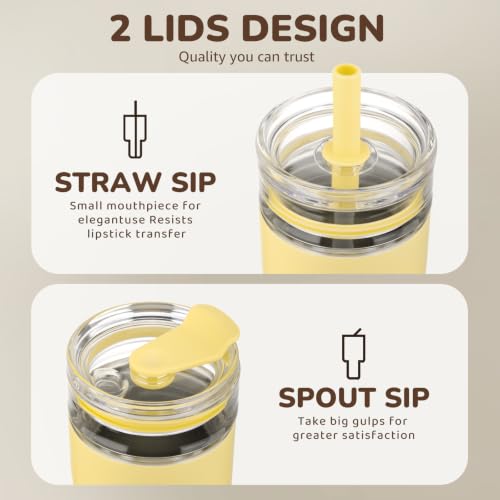 Yellow 18 oz Vacuum Insulated Glass Tumbler with Straw & Spout Lids - Keeps Drinks Cold 12H