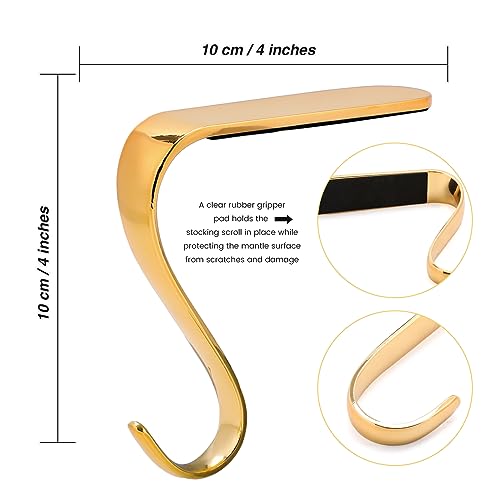 Gold Christmas Stocking Holders for Mantel - Non-Slip Metal Hooks (Set of 4)