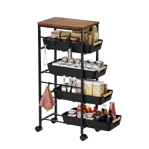 5-Tier Slim Rolling Storage Cart with Wooden Top and Pull-Out Baskets