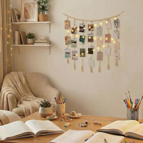 Macrame Hanging Photo Display with String Lights and Wooden Beads
