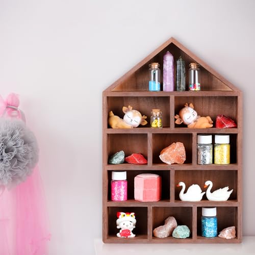 House Shaped Wooden Shadow Box, 11-Compartment Wall Mounted Display Shelf