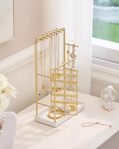 Rotating Jewelry Stand Organizer with 5-Tier Earring Holder and Ring Tray