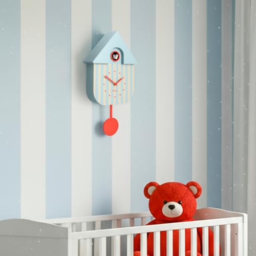 Modern Cuckoo Wall Clock with Pendulum - Blue and Beige Striped