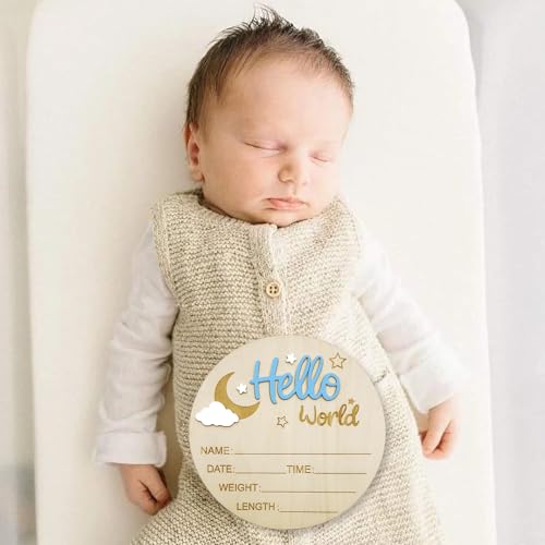Wooden Baby Birth Announcement Sign with Pen - Moon and Cloud Design