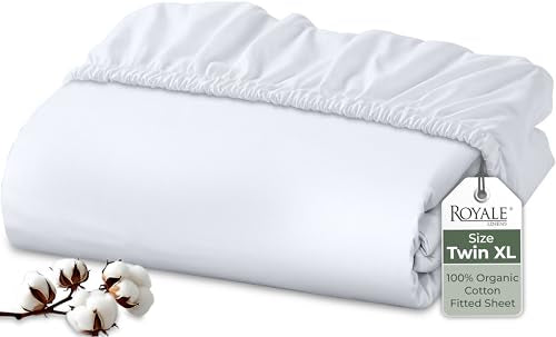 Royale Linens 100% Organic Cotton Twin XL Fitted Sheet - Deep Pocket White