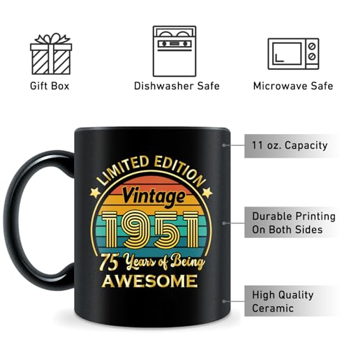 QUPT 11oz Vintage Coffee Mug 75th Birthday Gift for Women Men 1951 Edition
