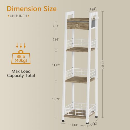 3-Tier Narrow Bathroom Ladder Shelf with Storage Drawer and Hooks, White
