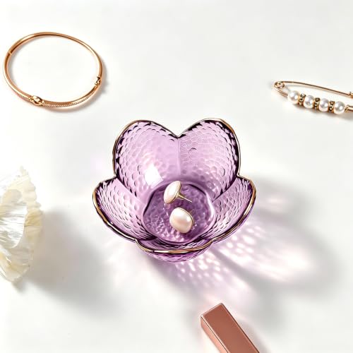 Purple Flower Glass Ring Holder Dish and Jewelry Tray Vanity Organizer