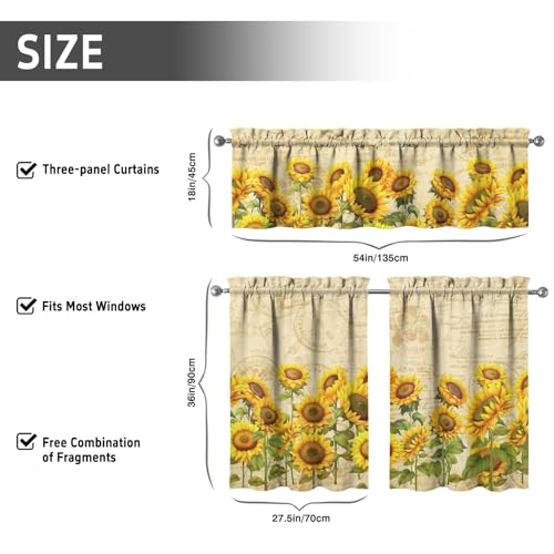 Sunflower Kitchen Curtains 3 Piece Set | Valance & Tier Panels