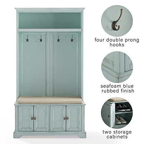 Crosley Furniture Holbrook Hall Tree with Shoe Storage & Cushioned Bench - Distressed Seafoam Blue