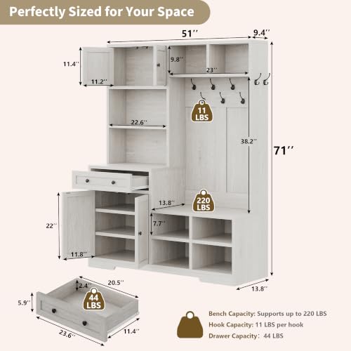 5-in-1 Hall Tree with Shoe Storage Bench & Coat Rack, 51-inch Entryway Organizer