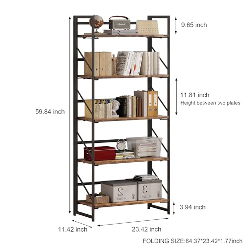 5-Tier Foldable Bookshelf, Industrial Metal and Wood Storage Shelf
