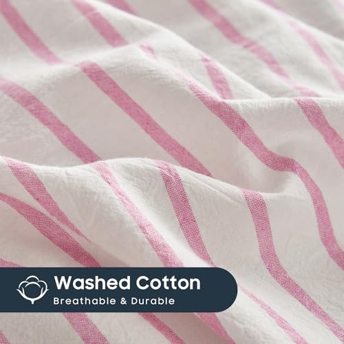 Pink Striped Cotton Duvet Cover Set - Queen Farmhouse 3-Piece Bedding
