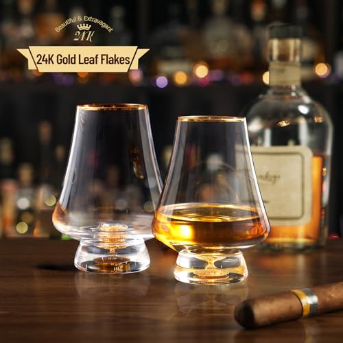 DUJUST Crystal Snifter Glasses Set of 2 (8oz) - Gold Leaf Flakes & Handcrafted Rim, Luxury Whiskey & Brandy Glasses for Spirits, Gift Box Included